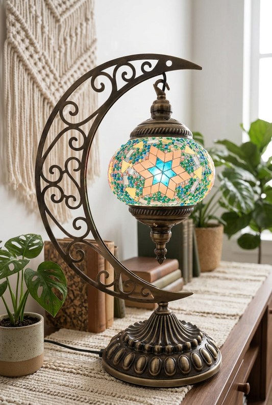 Close-up crescent moon mosaic lamp