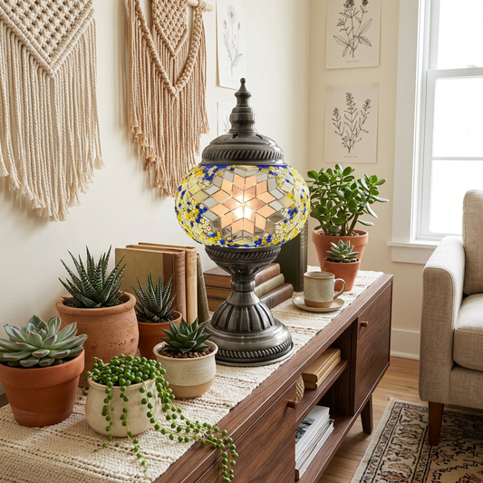 Sapphire Sun mosaic lamp styled with succulents