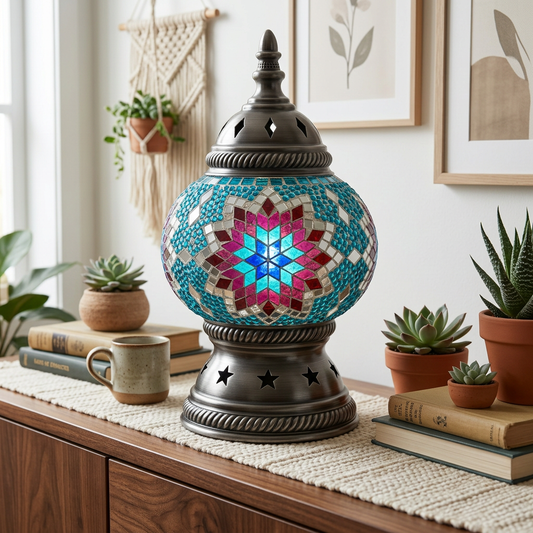 Square lantern mockup with a vibrant symmetrical mosaic pattern