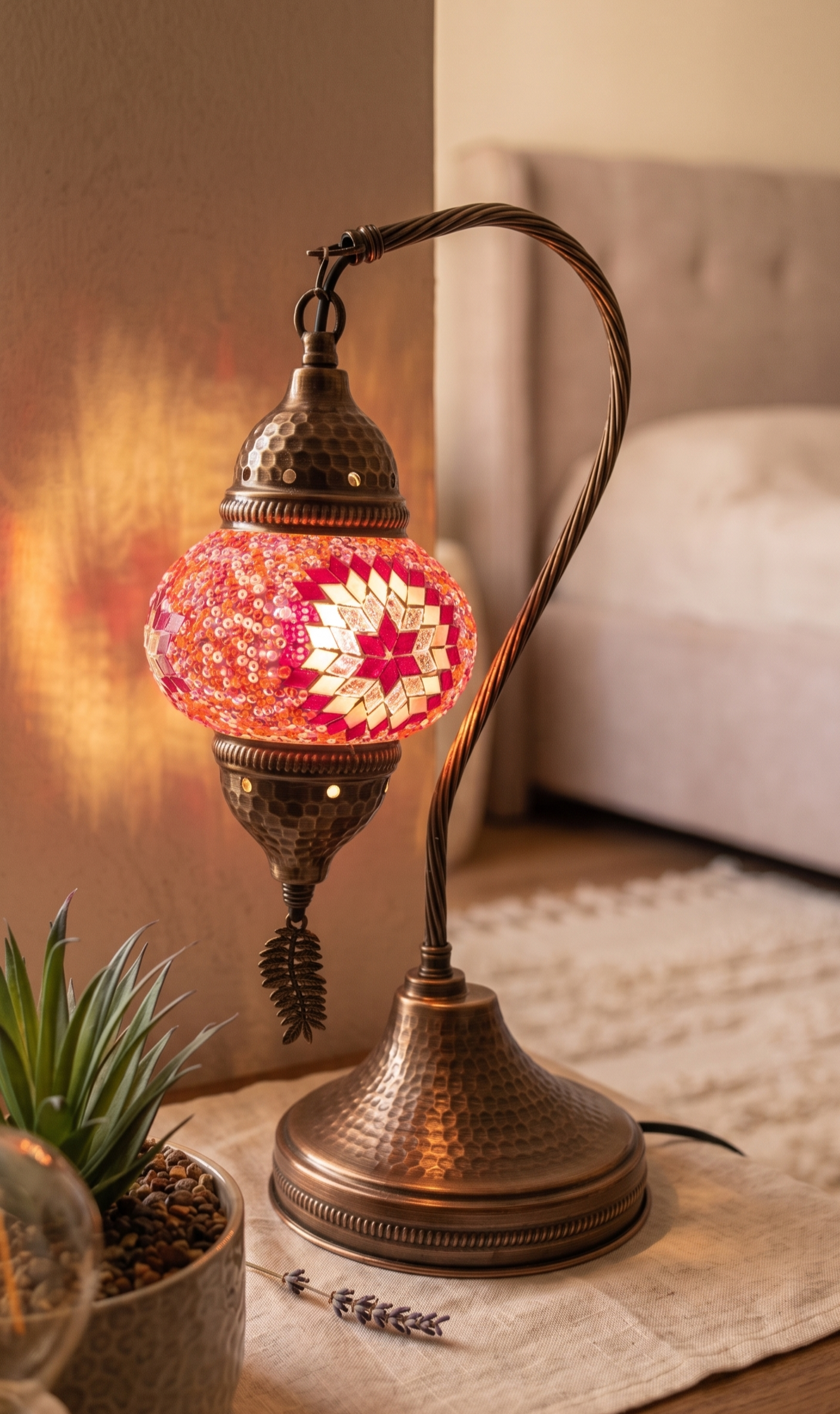 Golden Star Turkish Mosaic Swan Lamp - Sunset Rose, Handcrafted Red & Pink Glass, Romantic Bedroom Decor