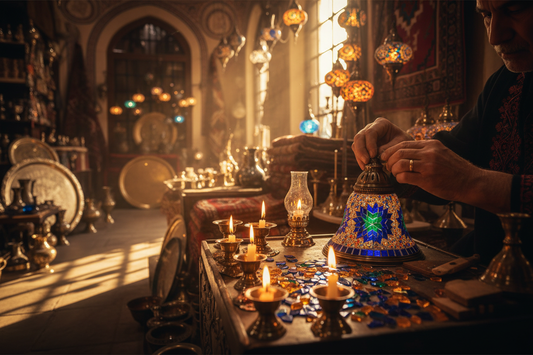 The Rewards of Lamp Making: DIY Turkish mosaic lamp workshop scene with an artisan placing mosaic tiles over a table, lit candles and warm traditional decor glowing in the background