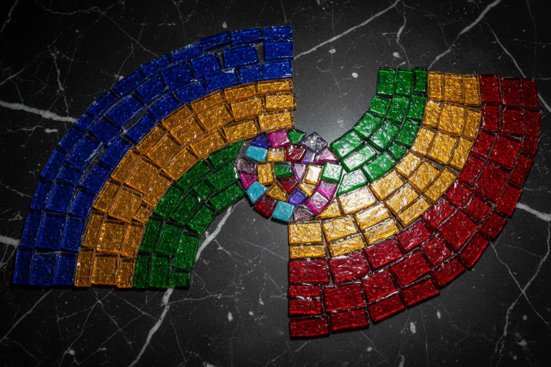 The Colour Language of Mosaic Glass — mosaic glass palette showing sapphire blue, amber gold, emerald green, ruby red, and multi-colour jewel tones in a curved Turkish lamp design on a dark marble background