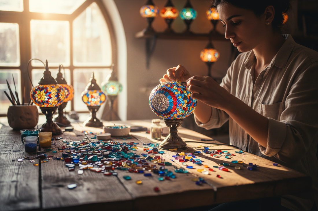 The Ancient Art of Turkish Mosaic: artisan carefully assembling a handcrafted jewel-toned mosaic lamp with colorful glass tiles in a sunlit workshop