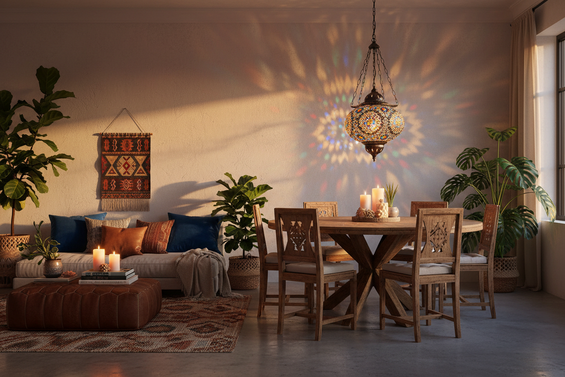 How to Style a Turkish Mosaic Lamp in Your Home: cozy living room with a hanging turkish mosaic lamp casting colorful light over a boho dining setup