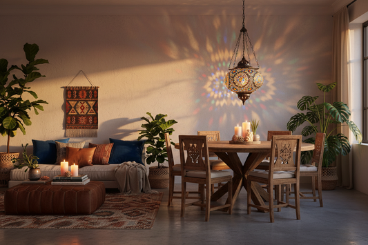 How to Style a Turkish Mosaic Lamp in Your Home: cozy living room with a hanging turkish mosaic lamp casting colorful light over a boho dining setup
