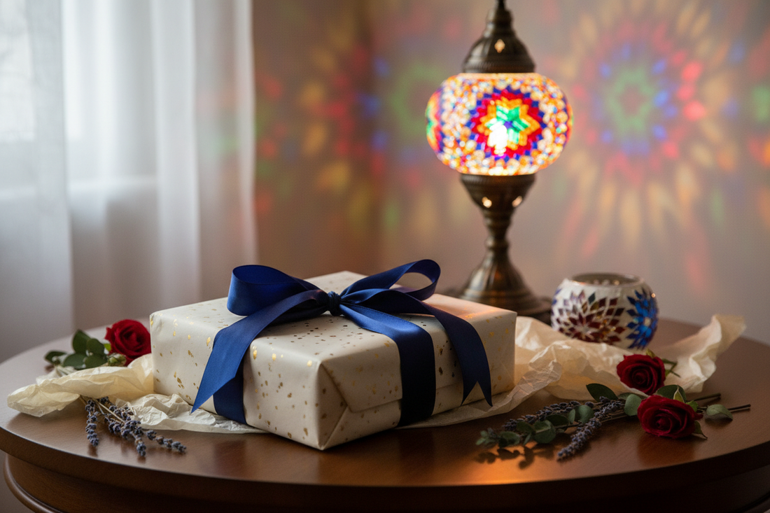 The Thoughtful Gift — Why a Mosaic Lamp Is the Most Memorable Present You Can Give: mosaic lamp gift ideas shown with a beautifully wrapped housewarming gift on a table beside a colorful Turkish mosaic lamp.