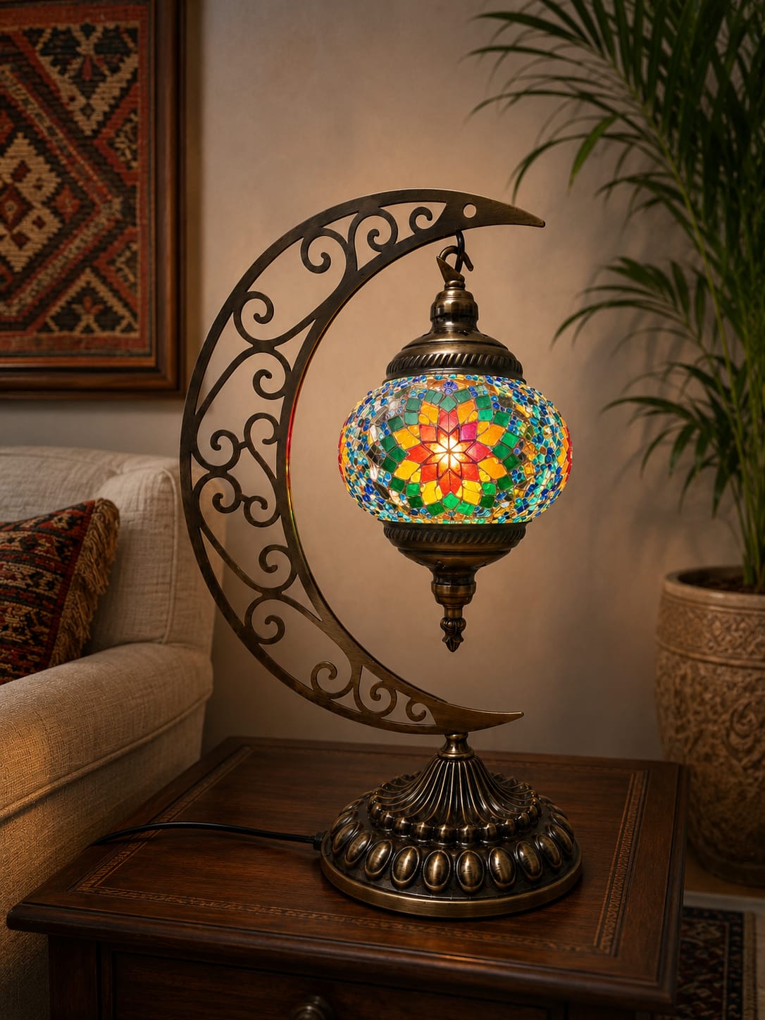 A decorative table lamp with a crescent moon-shaped metal frame and a colorful mosaic globe shade, shown lit on a wooden side table in a living room setting.