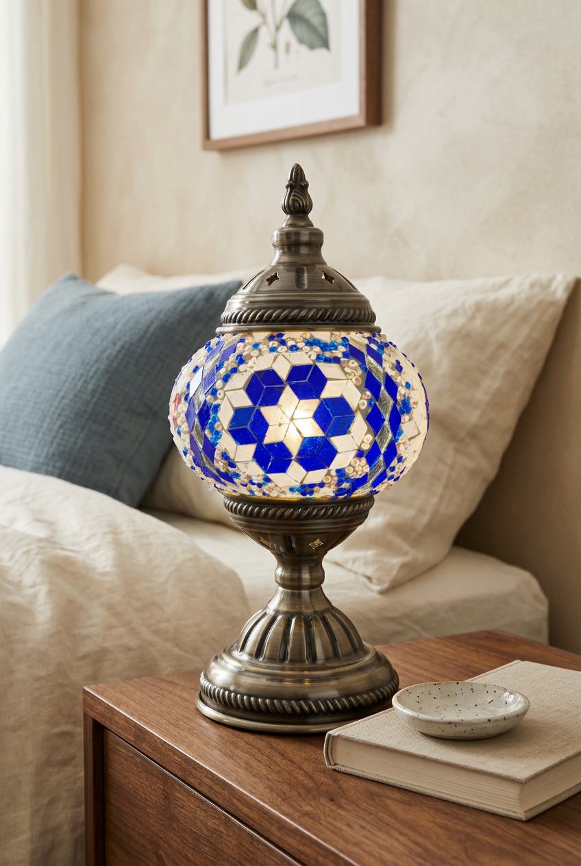 Blue mosaic lamp in a warm bedroom setting