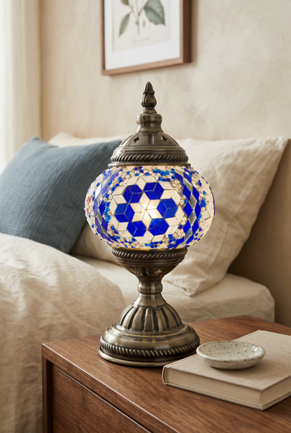 Blue mosaic lamp in a warm bedroom setting