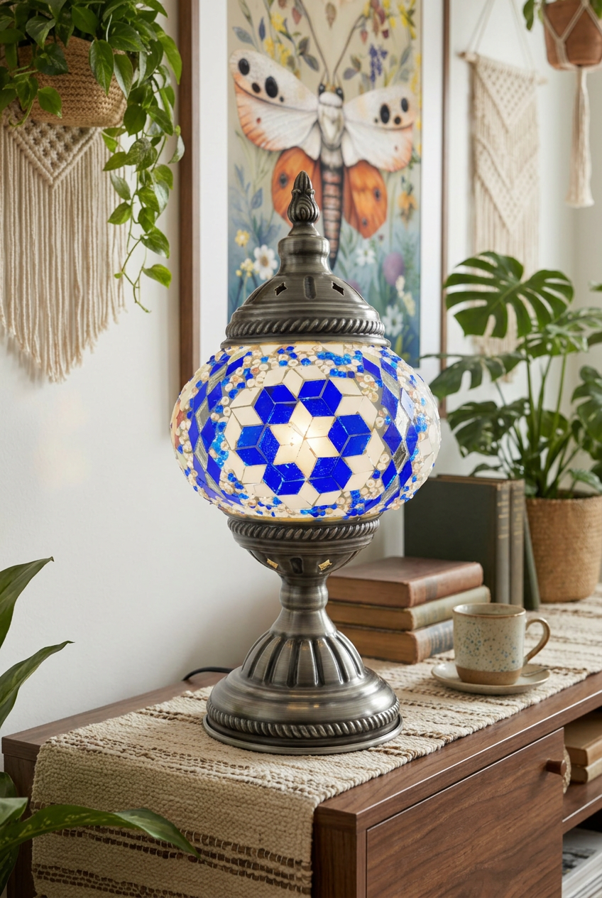 Close-up blue mosaic table lamp in a boho setting