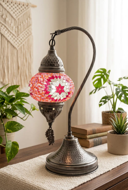Close-up of the red rose swan mosaic lamp