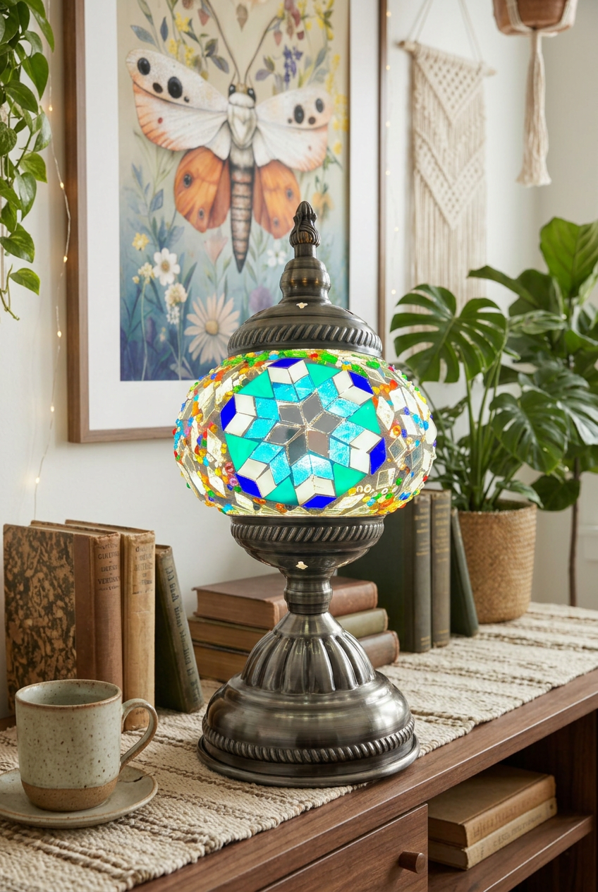 Close-up turquoise mosaic table lamp in a boho setting