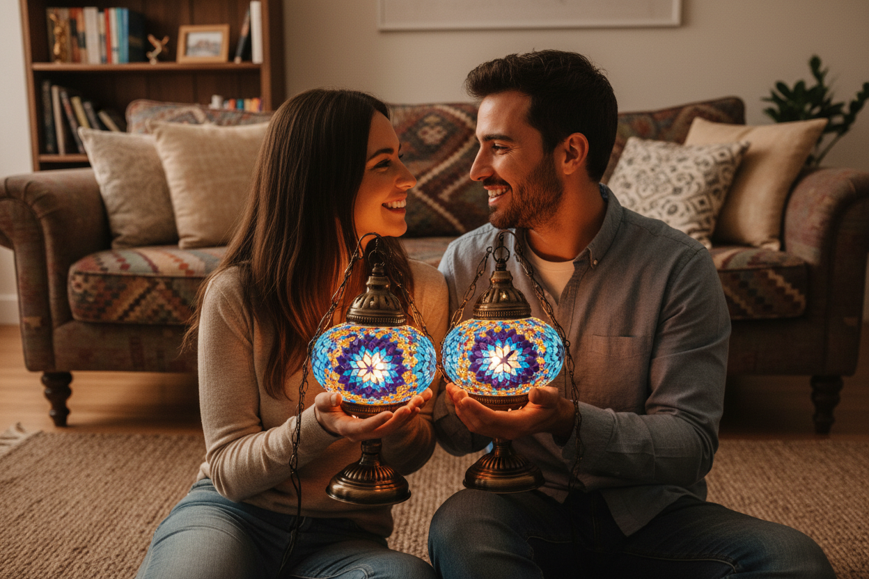 Couple holding Turkish mosaic lamps
