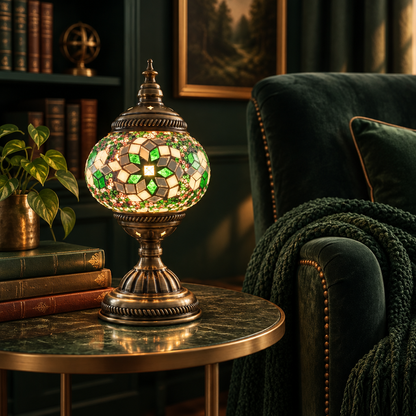 Emerald Spirals Lamp in a jewel-toned reading nook