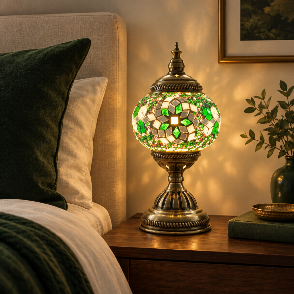 Emerald Spirals Lamp in a tranquil bedroom