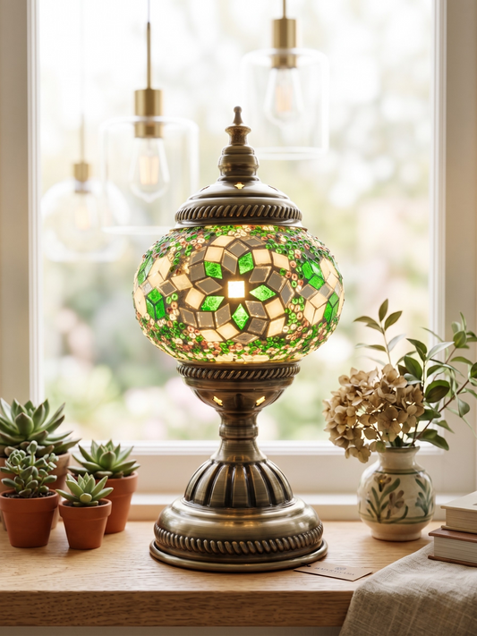 Golden Star Turkish Mosaic Lamp - Emerald, Handcrafted Green Glass, Tranquil Home Decor