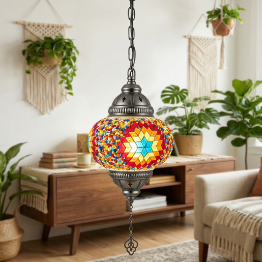 Hanging mosaic lamp close-up