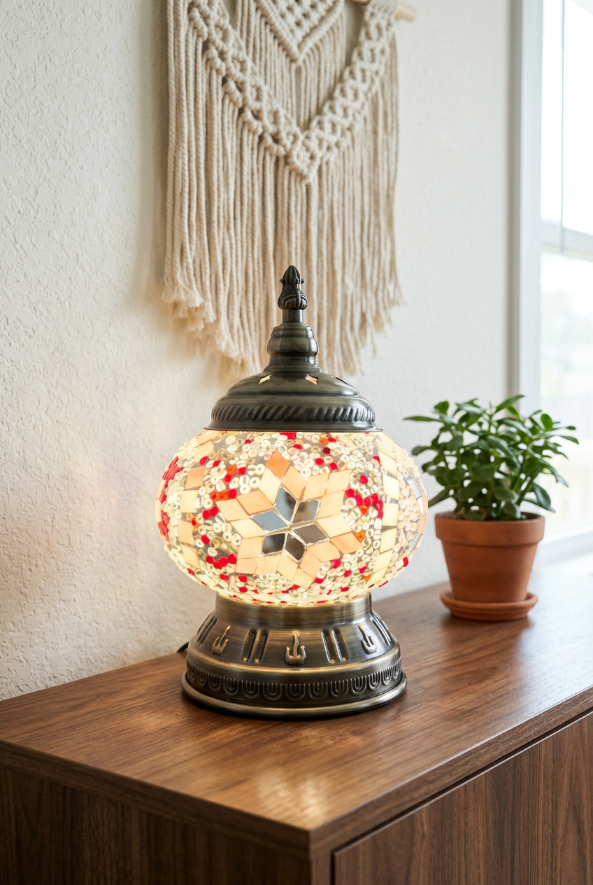 Lamp styled with natural macramé and greenery