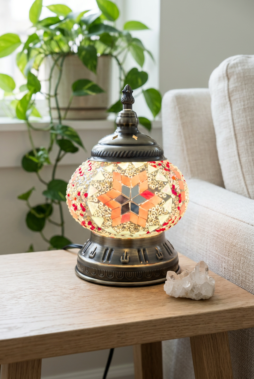 Lamp with clear quartz and a trailing plant