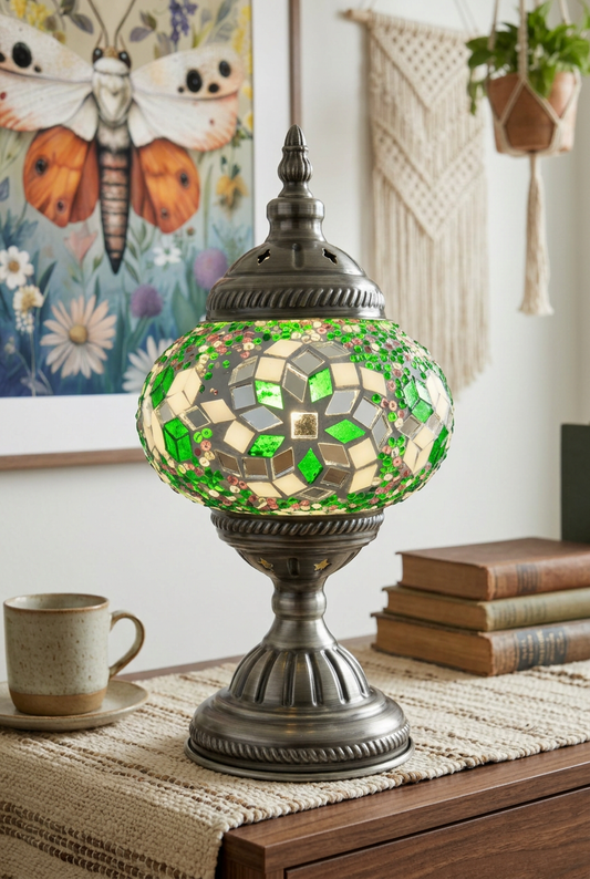 Emerald Spirals Turkish Mosaic Table Lamp - Handcrafted Green Glass, Tranquil Home Decor & FREE SHIPPING