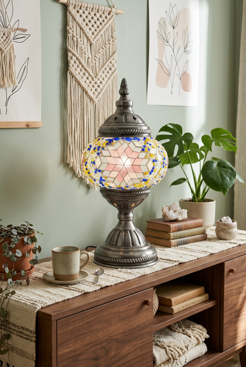 Sapphire Sun Mosaic Table Lamp - Handcrafted Yellow, Pink & Blue Glass, Vibrant Home Decor & FREE SHIPPING