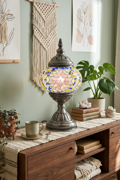 Sapphire Sun Mosaic Table Lamp - Handcrafted Yellow, Pink & Blue Glass, Vibrant Home Decor & FREE SHIPPING