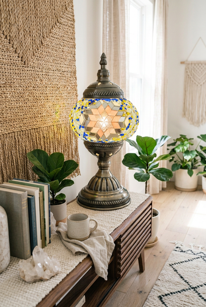 Sapphire Sun Mosaic Table Lamp - Handcrafted Yellow, Pink & Blue Glass, Vibrant Home Decor & FREE SHIPPING