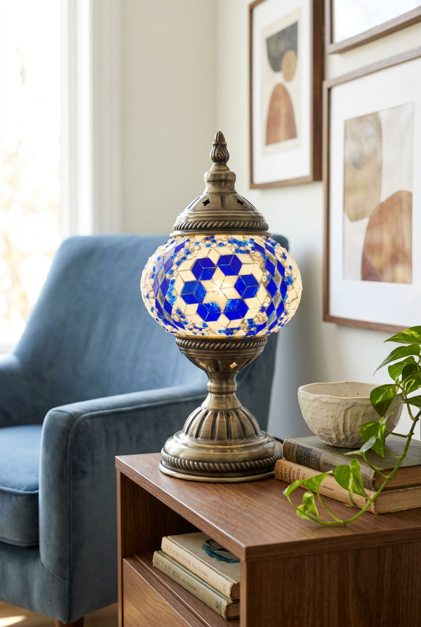 Blue Rhombus with Mirror Stripes Table Lamp