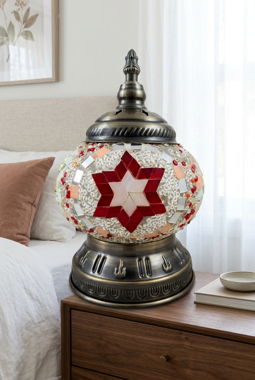 Handmade Pink & Red Star Mosaic Lantern Lamp