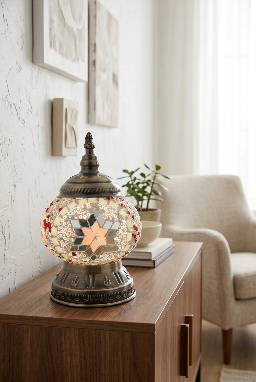 Handmade Pink & Red Star Mosaic Lantern Lamp
