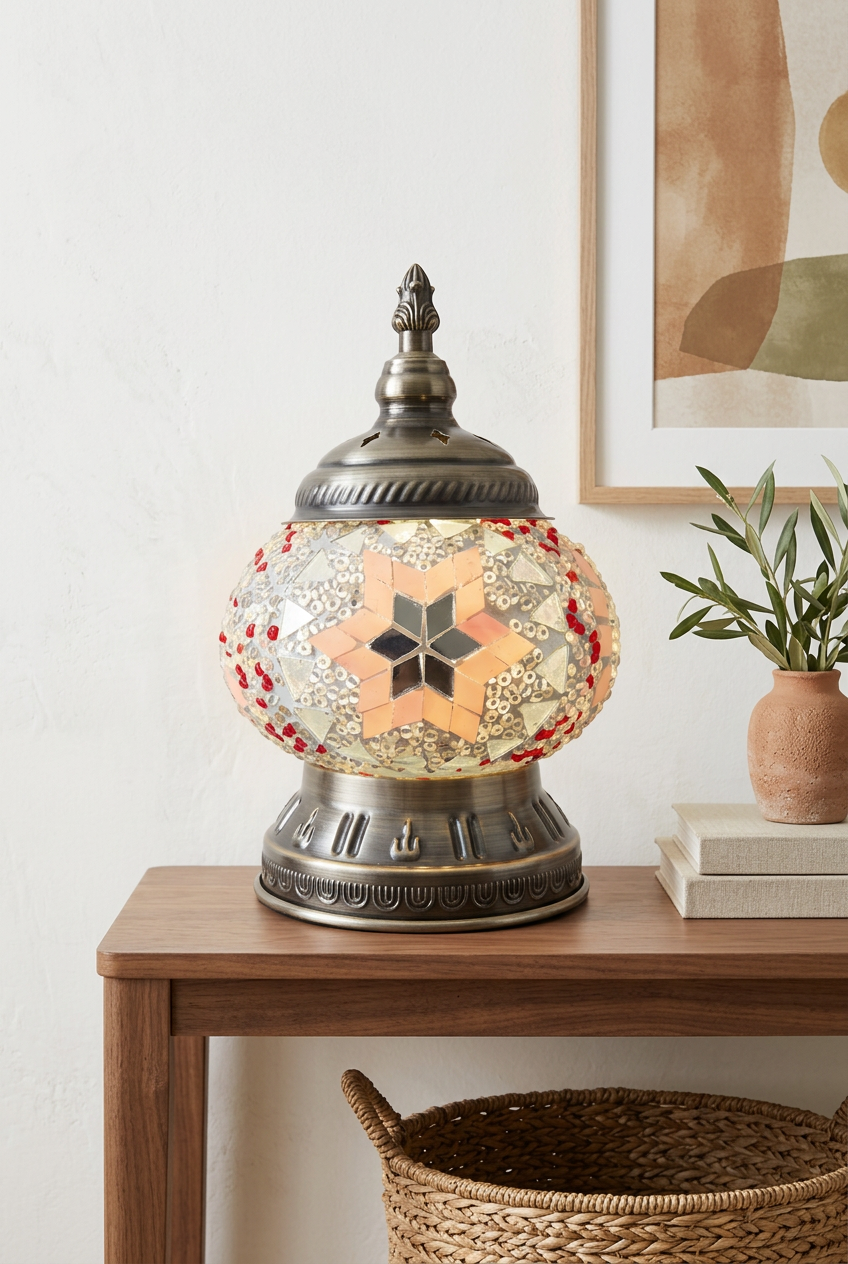 Handmade Pink & Red Star Mosaic Lantern Lamp