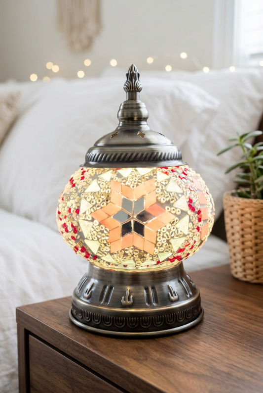 Handmade Pink & Red Star Mosaic Lantern Lamp