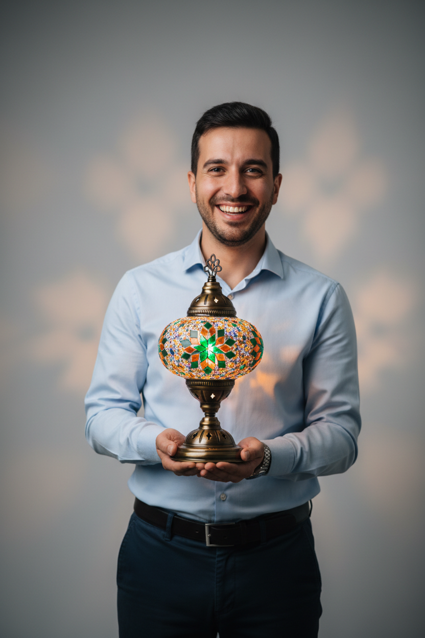 Man with emerald green & amber star pattern lamp