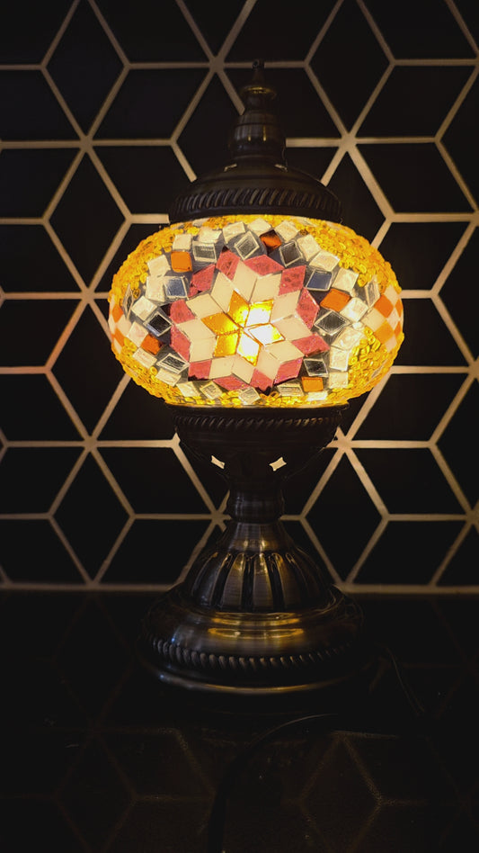 Golden Star Turkish Mosaic Lamp, Handcrafted Amber Glass, Warm Glow Home Decor