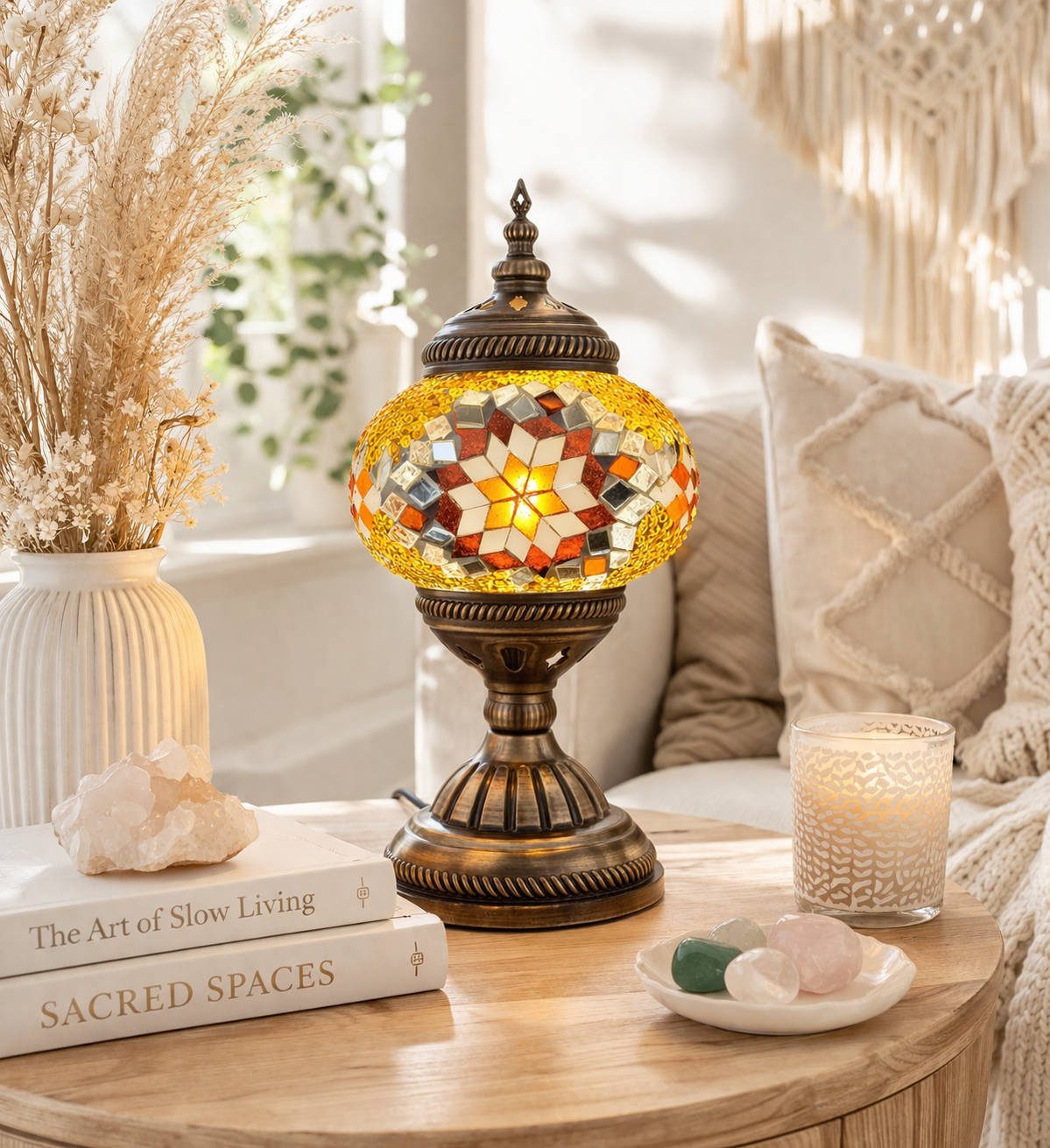 the The Golden Star turkish Mosaic Lamp on a table