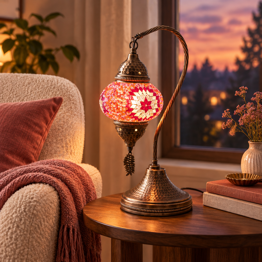 Red Rose Swan Lamp in a cozy reading nook