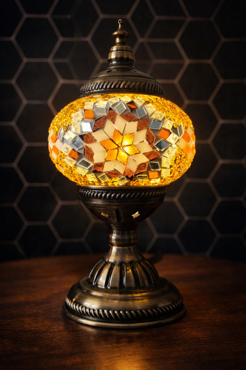 Magical Mosaics Golden Star Turkish Mosaic Lamp with handcrafted amber glass mosaic and warm golden glow, featuring an ornate antique metal base