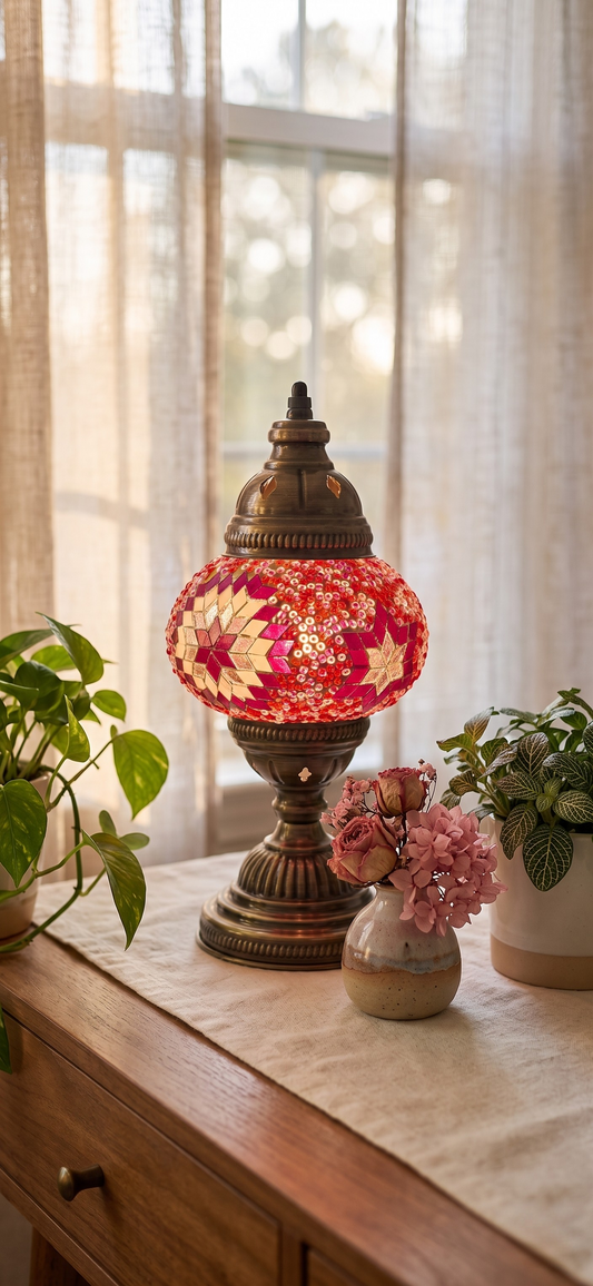 Golden Star Turkish Mosaic Lamp - Ruby Rose, Handcrafted Red & Pink Glass, Romantic Home Decor