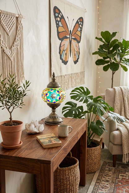 Smaller turquoise table lamp in a boho living room