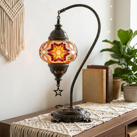 Swan DIY lamp close-up with a sunset amber mosaic