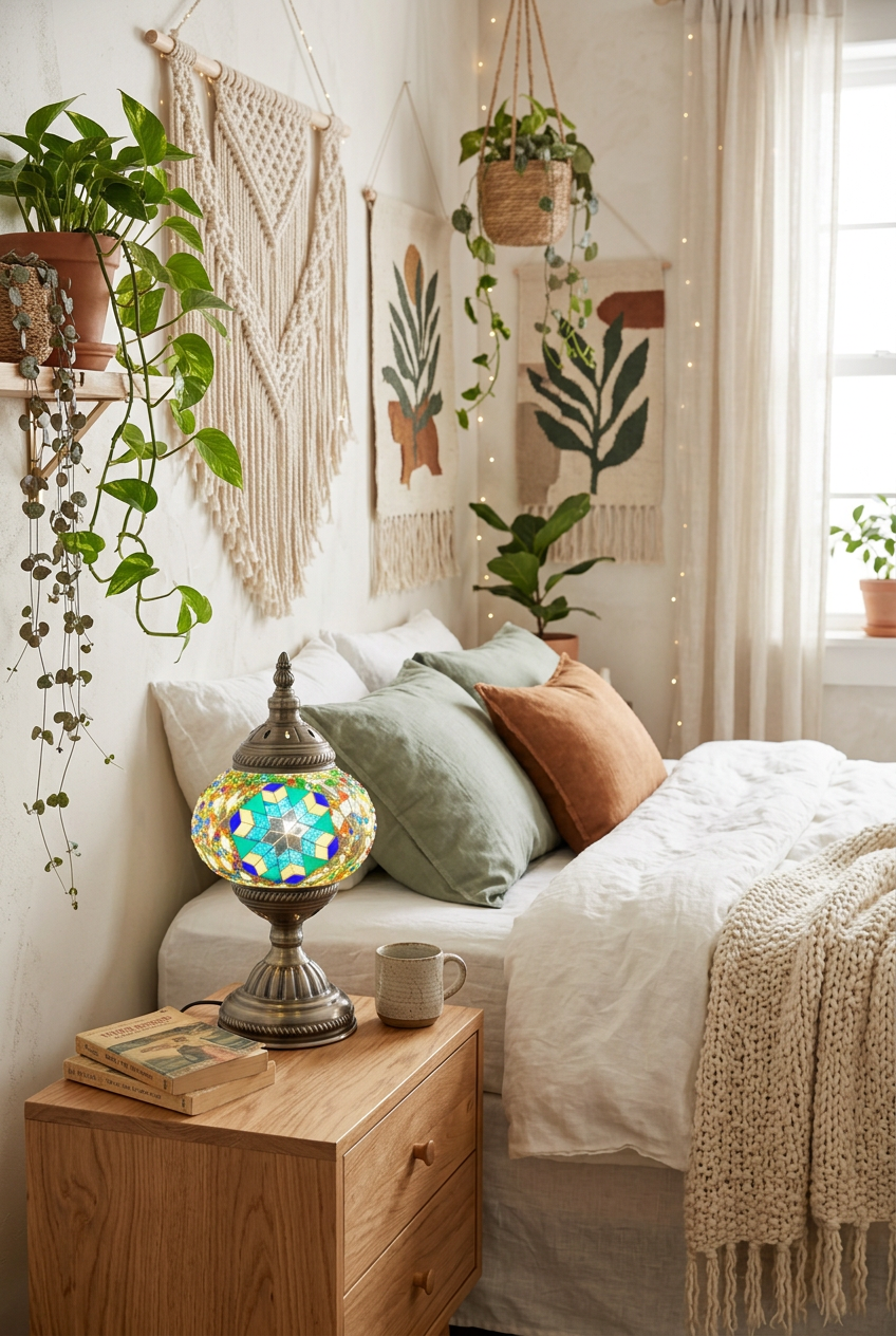 Turquoise lamp in a cozy bedroom with plants and fairy lights