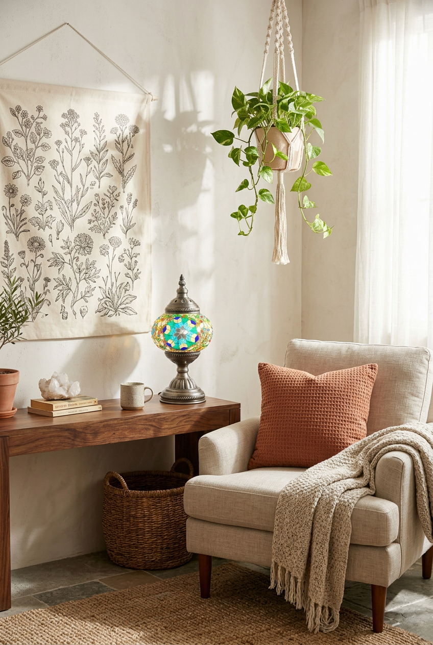 Turquoise lamp in an airy boho reading room