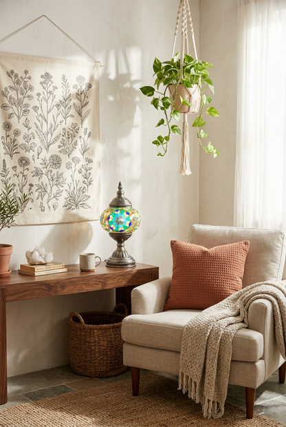 Turquoise lamp in an airy boho reading room