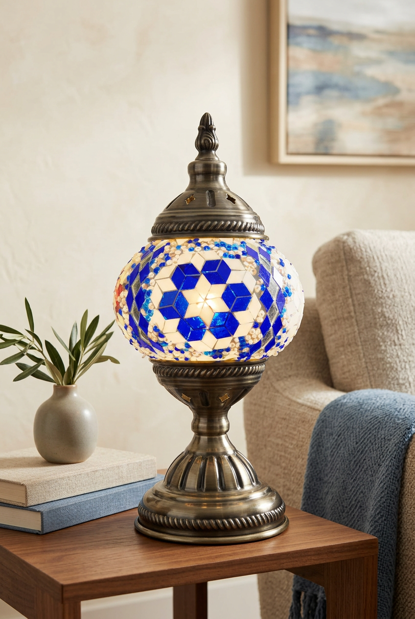 Warm styled room mockup featuring your blue mosaic lamp