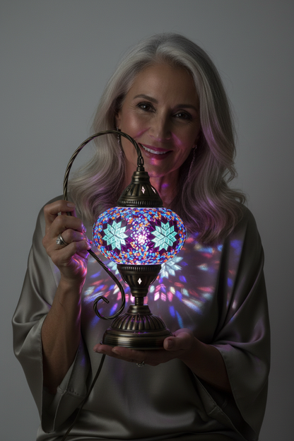 Woman with purple & turquoise diamond pattern lamp