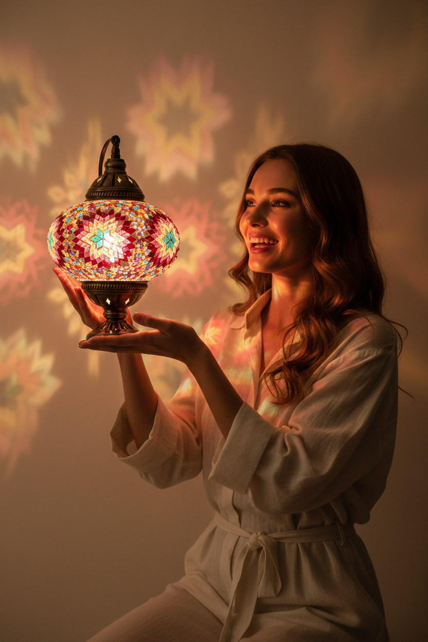 Woman with ruby red & rose floral pattern lamp