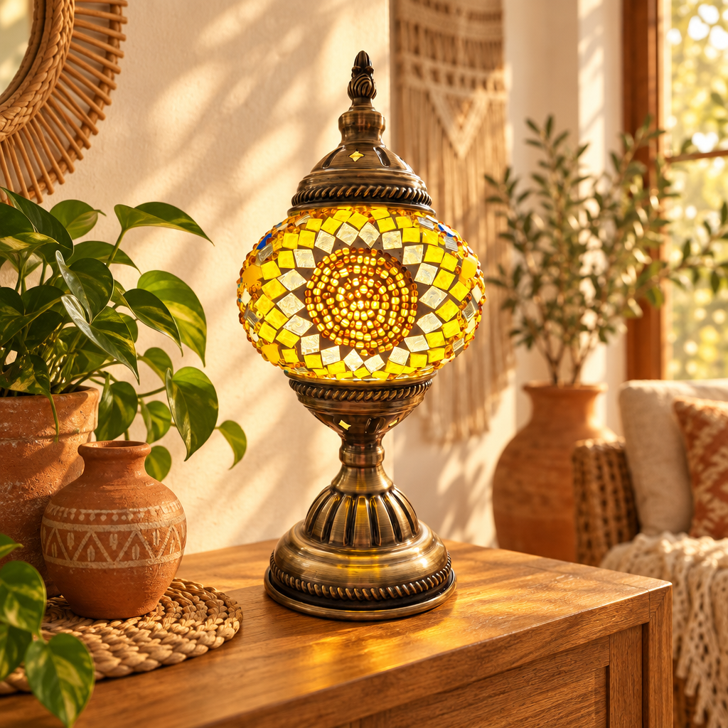 Yellow Sunflower Lamp in a bohemian living room