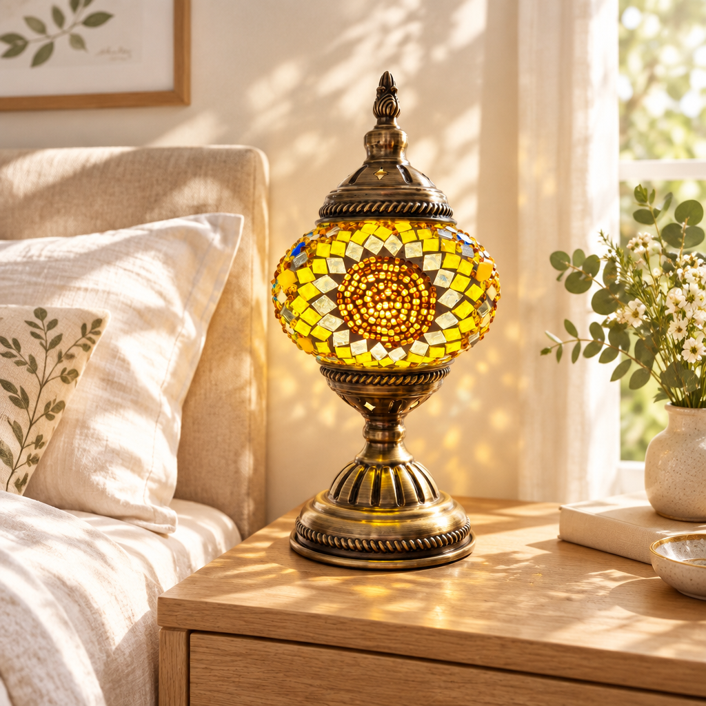 Yellow Sunflower Lamp in a bright bedroom